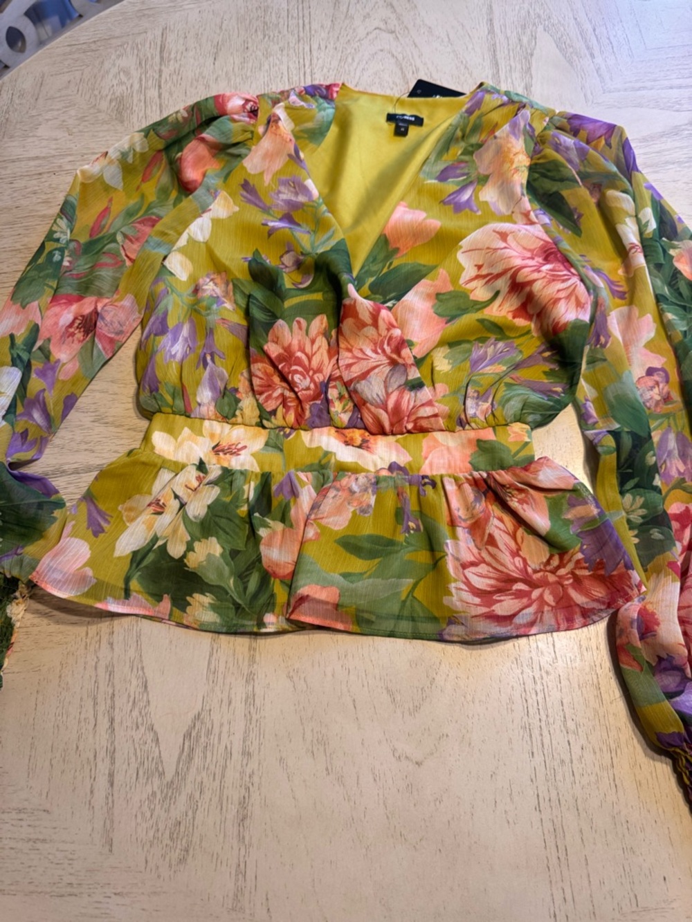 Express Floral Wrap Peplum Blouse - Yellow, Green, Pink